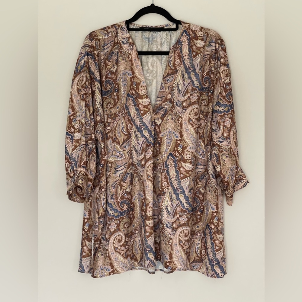 ZARA Women’s Medium Paisley Printed Satin‎ Blouse Tunic Top Long Line